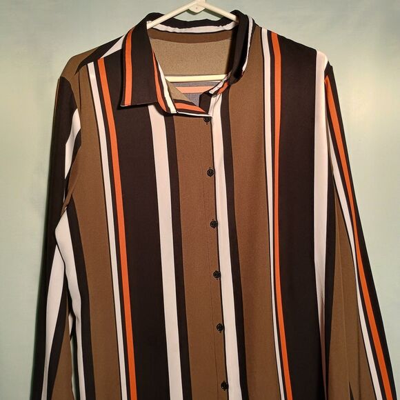 Vintage Striped Button-Up Shirt Long Sleeve Retro Brown Orange White Blouse XL - Picture 2 of 4